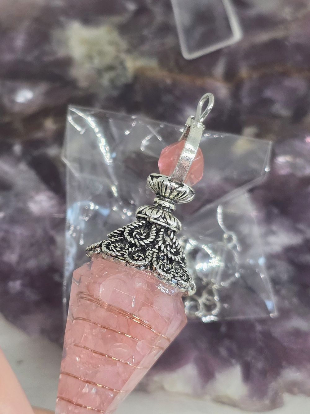 Rose Quartz Resin Pendulum Necklace with Chain | Crystal Pendulum | Reiki Tool | - Picture 9 of 9